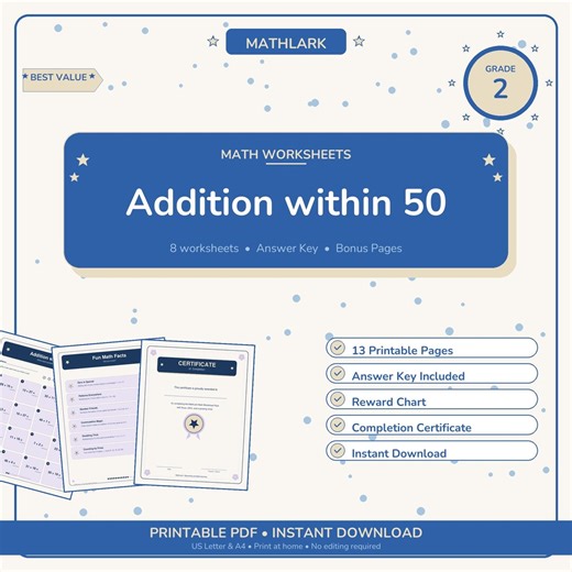 Addition within 50 Worksheet Pack | Grade 2 | Printable Math PDF Download