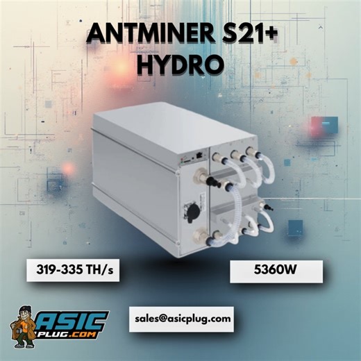 The Antminer S21 Hydro by Bitmain mines the SHA-256 algorithm with a hash rate of 319–335 TH/s at 5,360W, delivering high-performance hydro-cooled efficiency for serious Bitcoin mining operations. https://asicplug.com/product/antminer-s21hydro/ #ASICPlug #BitcoinMining #CryptoMining #Antminer #MiningHardware | ASIC Plug