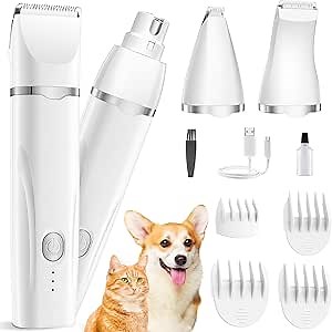 Dogs Hair Clippers Grooming Kit with Nail Grinder, 4 in 1 Cordless Electric Trimmer for Dogs Cat Low Noise USB Rechargeable, Pet Clippers Grooming Paws, Eyes, Ears, Face,Nail, Matted Hair