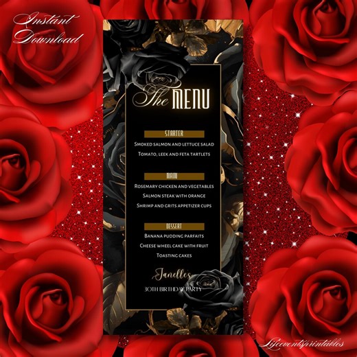 Floral Printable Birthday Party Menu Template Black, Editable Menu Card Gold, Birthday Dinner Table Menu Download - Etsy Canada