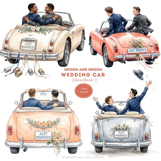 Wedding Clipart, Digital Download of Just Married Couple (groom and Groom) in Car, Printable Vintage Art for Weddings, 7 PNG, Commercial Use - Etsy
