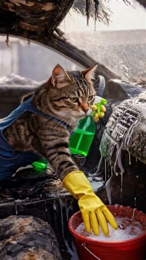 cat clean fire damage car #shots #shorts