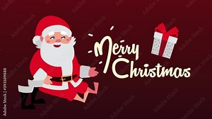 happy merry christmas lettering animation with santa claus and gift