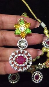 Pretty handpainted diamond replica set with screw type earrings and semi precious rubies and pearls high quality gold plated to perfection ping 8826689946 | Swar Jewels
