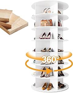 MAGIC UNION Wooden Rotating Shoe Rack Tower 7 Tier Organizer, Vertical Spinning Shoe Display Lazy Susan, Revolving 360 White Shoe Rack Storage Round Carousel, Rotate Shoes Closet Organization