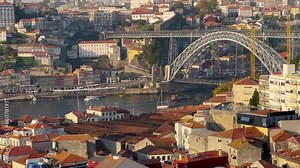 Porto, Portugal. panoramic view of the city of Porto. boat transport in Porto. 4k video, 60 fps.