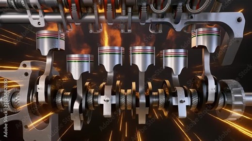 Detailed Cutaway View of a Working Internal Combustion Engine with Pistons Firing and Sparks Flying crankshaft