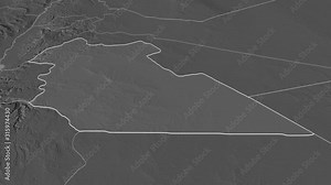 Amman, province with its capital, zoomed and extruded on the bilevel map of Jordan in the conformal Stereographic projection. Animation 3D