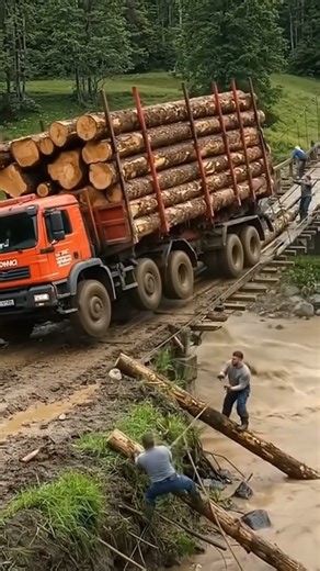 Overloaded Logging Truck Risks Disaster on a Fragile Wooden Bridge! #offroad #truck #shorts