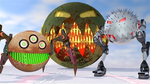 Golden shredder robot Pacman vs quadruped rusty robot vs walking chrome robot