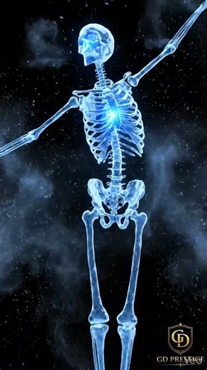A skeleton made of transparent ice crystals, glowing blue light inside bones