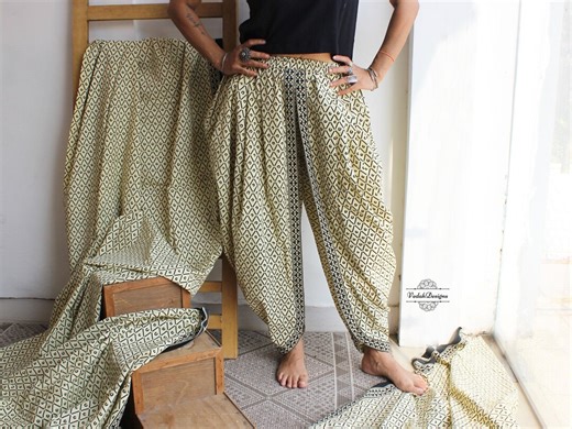 Cream Yoga Dhoti Pants in Block Print Cotton Breathable Fabric - Etsy UK