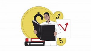 Financial education line 2D animation. Black eyeglasses man reading bookkeeping book 4K video motion graphic. Financially literate expert linear animated cartoon flat concept, white background