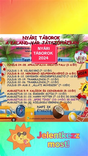 🌞NYÁRI TÁBOROK A KALAND-VÁR JÁTSZÓHÁZBAN🌞 Megérkeztünk táboraink részletes plakátjaival!😍 Élménydús nyárral készültünk nektek!🥳🥰 Változatos, programokkal teli táborok, minden korosztály számára!😉 Jelentkezni személyesen, messengeren, vagy emailben tudtok!😊 kalandvarjatszohaz@gmail.com Érdemes ezt minél hamarabb megtenni, hogy biztosan legyen helyetek!🙋‍♀️ A jelentkezés után előleg fizetés szükséges, ezt 48 órán belül meg kell tenni, ezután lesz biztosított a hely! Hamarosan részletes vid
