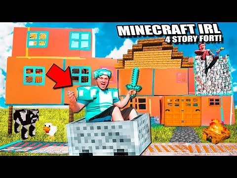 Minecraft IRL 4 STORY Box Fort With Working MINECART Track! Diamonds, Enchanting And More!