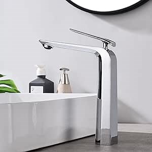 TOCALOCA Tall Vessel Bathroom Faucets Chrome Silver Basin Mixer Tap Single Handle1 Hole, Modern Vessel Sink Faucet Polished Chrome Basin Faucet Brass Single Lever Lavatory Faucet
