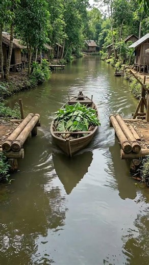 Rolling Log Bridge Opening For A Canal Cargo Boat | Unique Forest Bridge