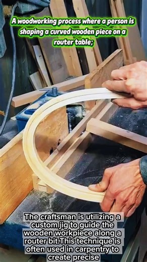 A woodworking process where a person is shaping a curved wooden piece on a router table.