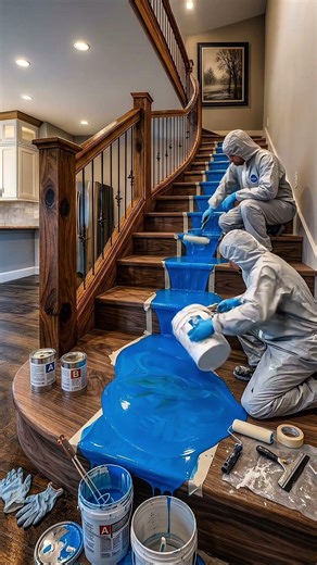 Epic River Staircase Transformation 🌊 Blue Epoxy Waterfall Flowing Through Wood!#usa