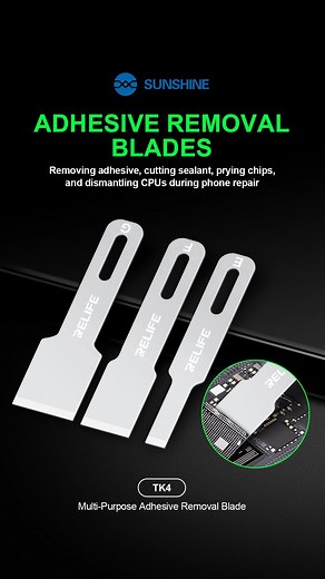 28K views · 175 reactions | 里 Got stubborn glue during disassembly? One slice, all gone!  TK4 multifunctional blade is sharp, effortless, and ready for every scenario. ✅ Glue removal ✅ Delamination ✅ Chip prying #SUNSHINETOOLS #RELIFE #PhoneRepairTools #StainlessBlade #GlueRemoval #AdhesiveRemoval | Guangzhou Sunshine Electronic Technology Co., Ltd. | Facebook