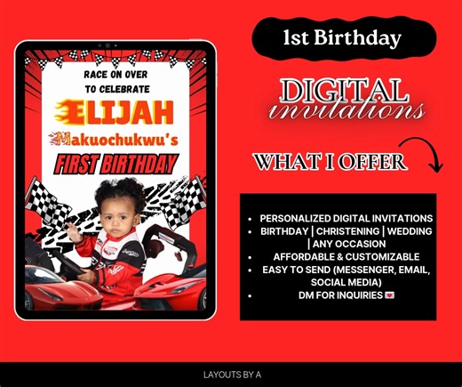 🏎️ 𝐅𝐄𝐑𝐑𝐀𝐑𝐈 𝟏𝐒𝐓 𝐁𝐈𝐑𝐓𝐇𝐃𝐀𝐘 𝐀𝐍𝐃 𝐂𝐇𝐑𝐈𝐒𝐓𝐄𝐍𝐈𝐍𝐆 𝐃𝐈𝐆𝐈𝐓𝐀𝐋 𝐈𝐍𝐕𝐈𝐓𝐀𝐓𝐈𝐎𝐍 🏎️ 🎉 Make Your Celebrations Extra Special! 🤍 ✨ Animated & Customized Digital Invitations ✨ Voice Over & Background Music ✨ Easy to Share via Mobile Phones ✨ Paperless & Eco-Friendly ✨ Unlimited Sharing (compared to traditional invites) ✨ Various Themes to Match Your Event ✨ 1-2 Free Revisions Services Offered: 💌 Digital Invitations (any occasion) 💌 Godparents Proposal 📄 Invitation C