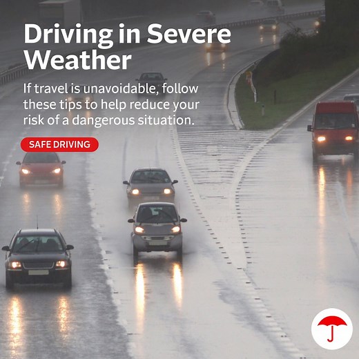 🌧️ Driving in strong wind and rain can create hazardous conditions on the road. If you find yourself driving in this kind of weather, be sure to slow down to maintain control, increase your following distance and use your headlights for better visibility. More tips: https://travl.rs/3YYbO9s #SafeDriving #RoadSafety | Travelers Insurance
