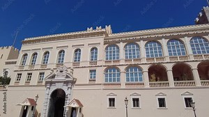 panning shot iconic prince's palace monaco, grand architecture historic facade shot view palace, including elegant palace of monaco panning shot royal architecture historic building