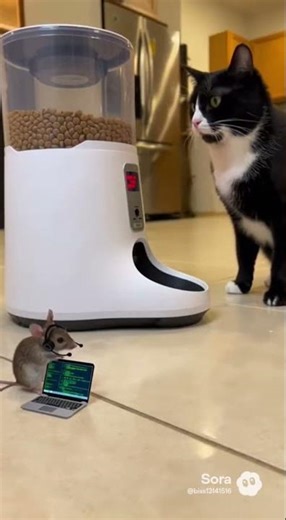 Hacker Mouse Hacks Automatic Feeder While Cat Watches #cat