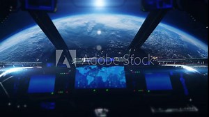 The cockpit and interior of a spacecraft flying above planet earth