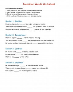 Transition Words WorksheetInstructions for Students:Fill in ... | Filo