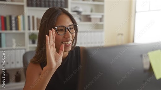 Young woman at computer monitor resting chin on hands, smiling and gesturing wave, blown kiss inside a building; friendly engagement.