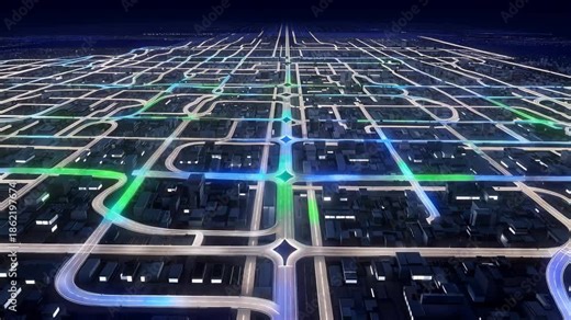Digital representation of a smart city grid at night with glowing streets and highways. Data visualization shows information flow, traffic patterns, and autonomous vehicle navigation
