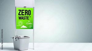Zero waste sign against the background of garbage bins. Concept: sustainable development and zero waste production
