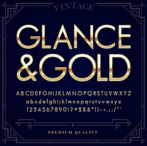 Gold Metallic Font Set. Letters, Numbers and Special Characters in...