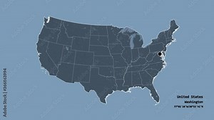 Ohio, state of United States mainland, with its capital, localized, outlined and zoomed with informative overlays on a administrative map in the Stereographic projection. Animation 3D