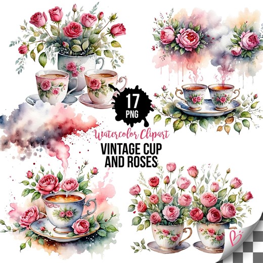 Vintage Coffee Cups Clipart PNG Bundle, Porcelain Tea Cups With Roses and Steam, Watercolor Floral Printable PNG, Commercial Use, 17 Pngs - Etsy