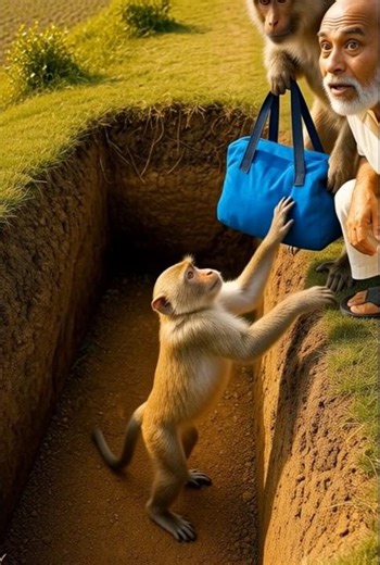 Grandfather bravely pulled the trapped baby monkey out ofthe pit#monkey#baby#rescue#grandpa