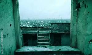 Urban Decay: A haunting view from a derelict building, showcasing a sprawling cityscape in the distance. The teal-toned image evokes a sense of mystery and forgotten histories.
