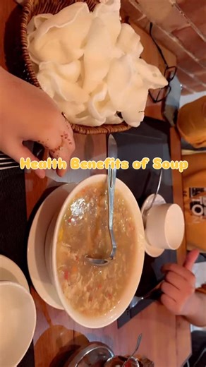 Health benefits of soup 1. Hydration • Soups contain a lot of water, helping keep you hydrated • Very useful during illness, fever, or cold 2. Easy to Digest • Warm, soft texture is gentle on the stomach • Ideal for people with gastritis, indigestion, or during recovery 3. Boosts Immunity • Vegetable and chicken soups provide vitamins (A, C), zinc, and antioxidants • Chicken soup has mild anti-inflammatory effects (good for flu/colds) 4. Weight Management • Low-calorie but filling • Helps contro