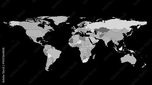 Animated world map with subtle flickering effect that reveals world countries and continuous flicker effect, transparent background with alpha channel, ideal overlay for news, crisis, and tech themes
