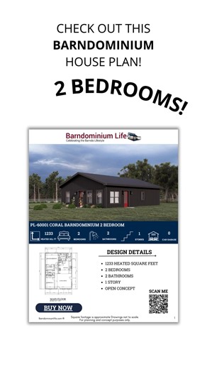 5.5K views · 15 reactions | Small but mighty! The Coral barndo packs 2 beds, 2 baths, and an open-concept design into 1,233 sq. ft. What would you do with the spacious kitchen and corner pantry? | Barndominium Life | Facebook
