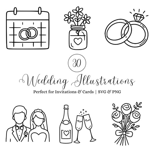 30 Wedding SVG Bundle, Minimalist Wedding Clipart, Bridal Invitation Icons, Line Art Illustrations PNG, Digital Download - Etsy