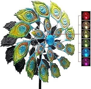 Large Size Elegant Peacock Wind Spinners for Yard and Garden Decor Metal Multi Color Windmill Seasonal LED Lighting Solar Powered Glass Ball Light Outdoor Metal Wind Sculptures Art