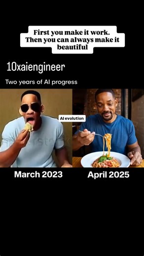 10x AI Engineer on Instagram: "Al Video Evolution: Will Smith Eating Spaghetti, Then vs. Now!◆ Remember that glitchy, surreal Al-generated video of Will Smith eating spaghetti from early 2023? It became a meme overnight, showing just how wild (and kinda broken) early Al video could be. Well, two years later, we asked Al to recreate it-and the difference is INSANE! 2023: Wonky, distorted, nightmare-fuel spaghetti. 2025: Smooth, realistic(?), and somehow even more hypnotic. Al video has come a LON