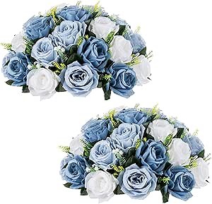 NUPTIO Large Artificial Flower Centerpieces: Dusty Blue & White Fake Roses | 2 Pcs, 13.8in Diameter, Silk Faux Ball Arrangement for Tables, Wedding, Party Event, Bridal Shower, Quinceanera Decorations