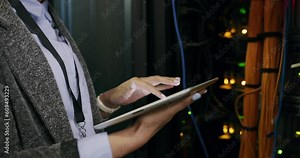 Woman in data center with tablet, smile and network administration, engineer in digital storage for database update. Happy tech employee, system maintenance and girl technician online in server room.