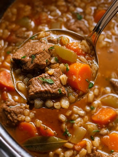 Slow Cooker Beef Barley Soup Instructions : Only Add beef to the slow cooker. Stir in barley, vegetables, and garlic. Add tomato paste, broth, and seasonings. Stir to combine. Cover and cook on LOW 7-8 hours or HIGH 4-5 hours, until beef is tender and barley is cooked. Remove bay leaf. Stir and serve hot. | New Cheap Recipes