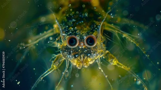 A single rotifer under the microscope revealing the intricate structure of its head with its two prominent antennae and sharp jaws . AI generation.