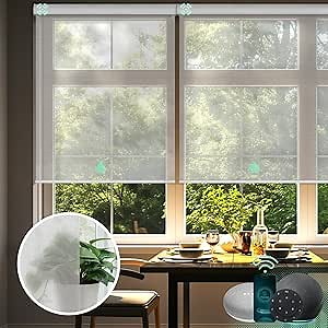 Yoolax Motorized Blinds with Remote, Light Filtering Smart Blinds Compatible with Alexa Google Home, Automatic Shades for Windows Living Room, Custom Size (15% Blackout V- Haze White)
