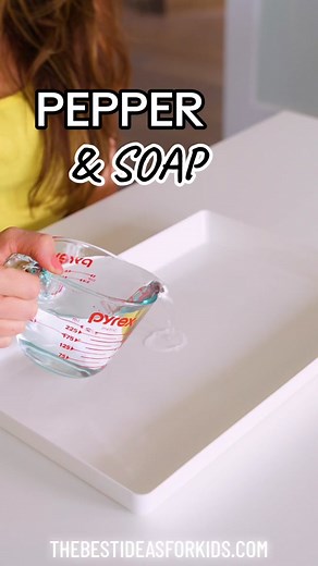 PEPPER & SOAP 🧼 EXPERIMENT 😮 This simple science experiment is so amazingly cool! 😎 I love that you only need a few things to do it too. Just grab some pepper, water 💦 and dish soap 🧼 How to: Add pepper to a bowl or dish with water. You want a good amount of pepper so you can see it move. Dip a finger or q-tip into dish soap and then dip into the pepper & water. Then watch what happens! This is a good way to show how soap cleans your hands too! 🧼 The science 🧪: Why does the pepper shoot a